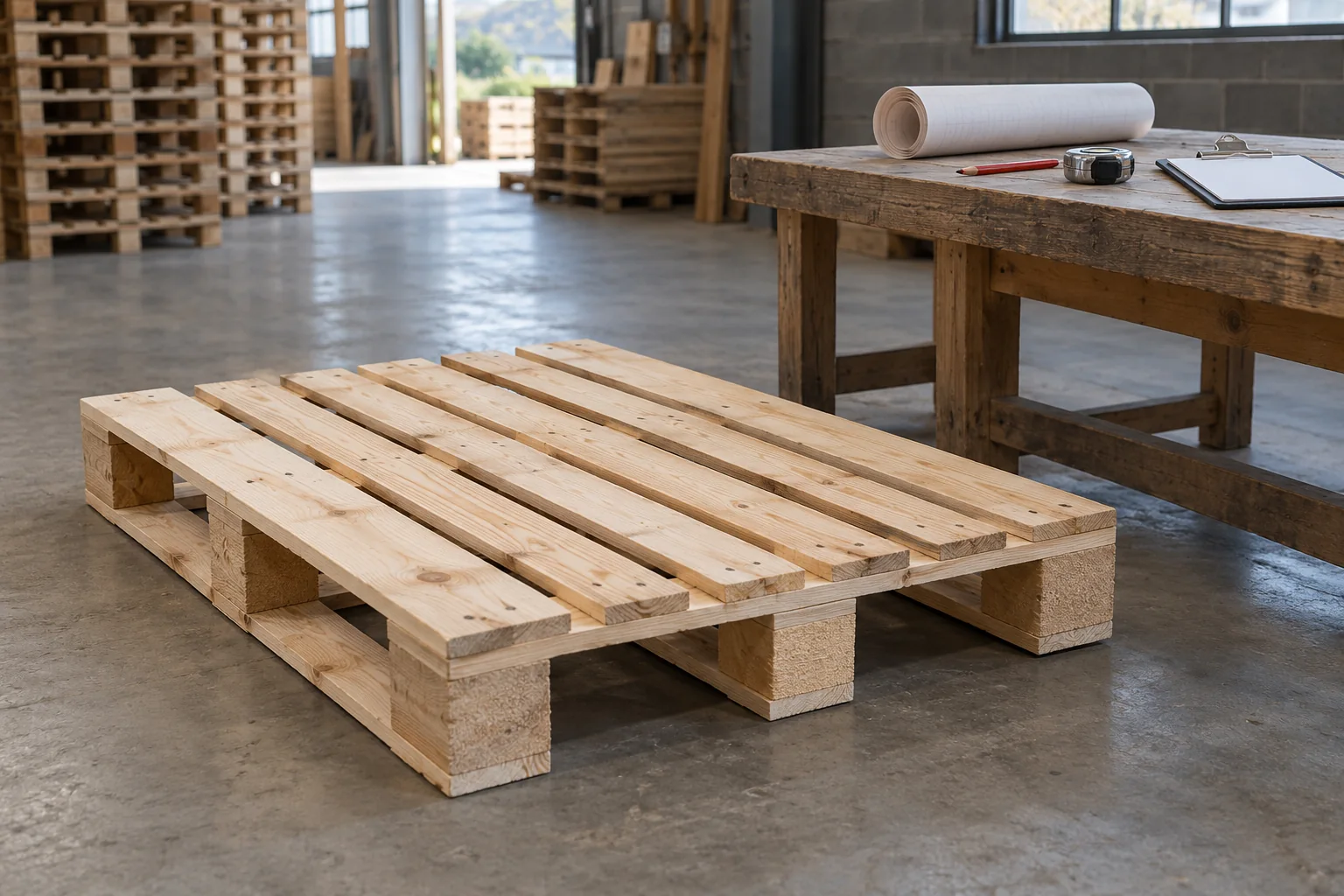 Timber pallet beside a workbench with a tape measure, pencil and rolled drawing.