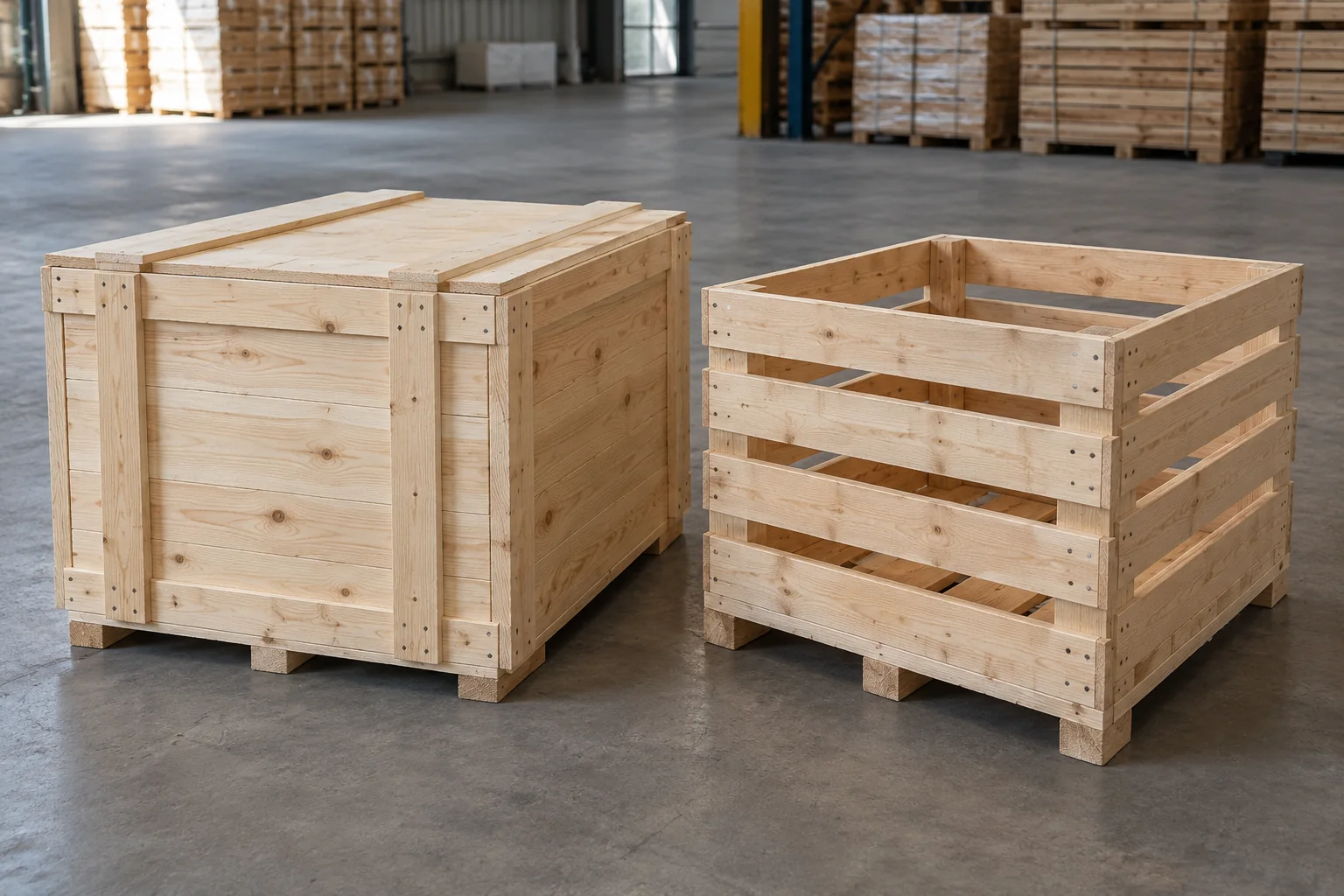 Enclosed timber box beside an open slatted wooden crate in a warehouse.